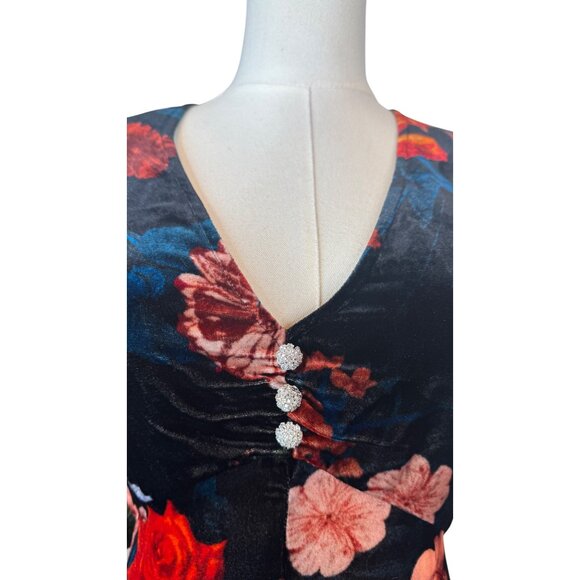 NWT Cara Cara 4 Floral Velvet Midi Dress Rhinestone Buttons V-Neck Puff Sleeves - Picture 4 of 16
